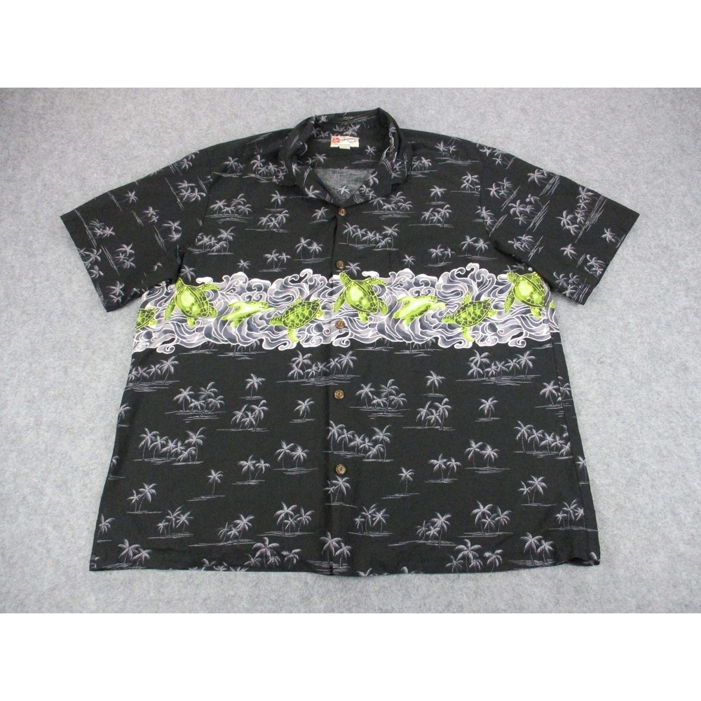 Hilo Hattie Shirt Mens 3XL XXXL Black Green Hawaiian Turtle Print Button Up Camp